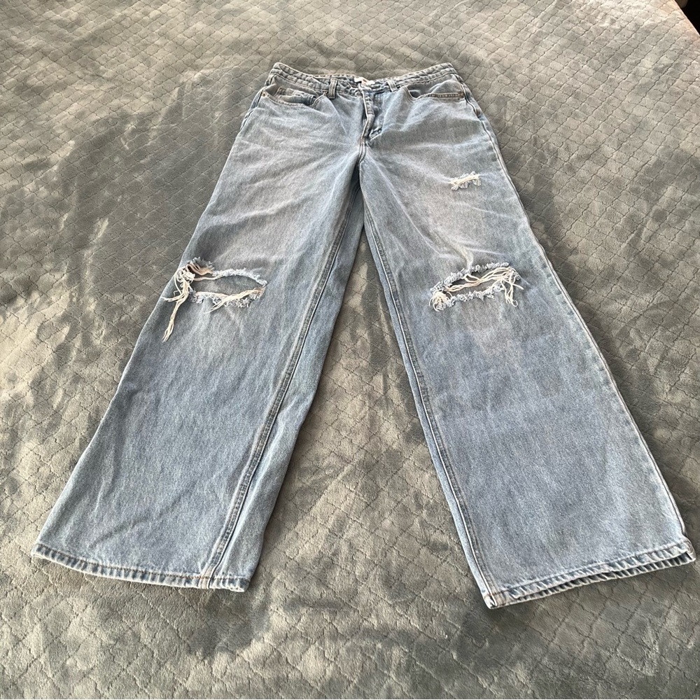 BP Nordstrom Womens Light Wash Distressed Wide Leg Jeans Size 30‎ High Rise Blue